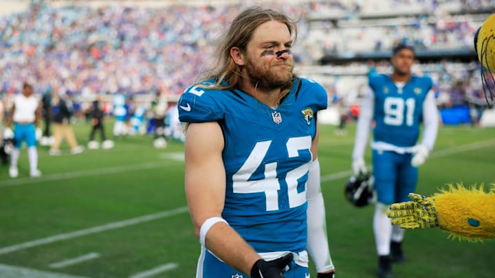 Jacksonville Jaguars safety Andrew Wingard (42) walks off the field after the game of an NFL football AFC Wild Card playoff matchup, Sunday, Jan. 11, 2026, in Jacksonville, Fla. The Bills defeated the Jaguars 27-24. [Corey Perrine/Florida Times-Union]