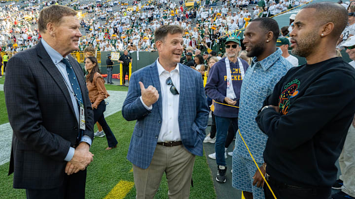 Green Bay Packers president Mark Murphy, left, and general manger Brian Gutekunst, middle, are shown before their game against the Houston Texans Sunday, October 20, 2024 at Lambeau Field in Green Bay, Wisconsin.