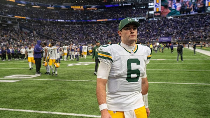 Green Bay Packers quarterback Clayton Tune (6) leaves the field after their game Sunday, January 4, 2026 at U.S. Bank Stadium in Minneapolis, Minnesota. The Minnesota Vikings beat the Green Bay Packers 16-3.