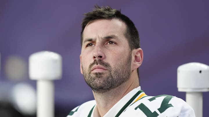 Dec 14, 2025; Denver, Colorado, USA; Green Bay Packers place kicker Brandon McManus (17) sits on the sidelines during the third quarter against the Denver Broncos at Empower Field at Mile High. Mandatory Credit: Ron Chenoy-Imagn Images