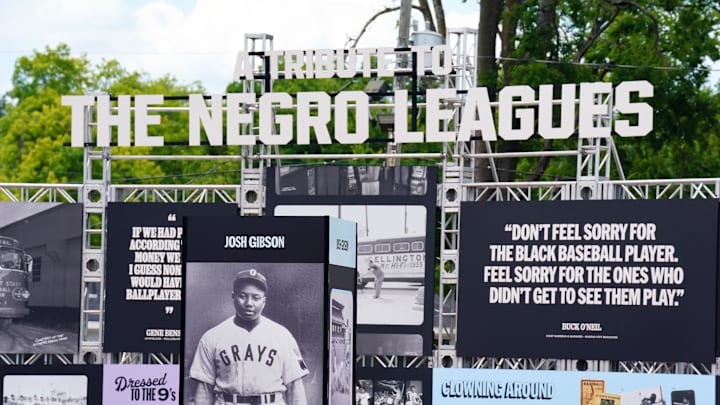 Jun 20, 2024; Fairfield, Alabama, USA; Tribute area with history on the Negro Leagues seen on the exterior Rickwood Field the oldest baseball stadium in America before the start of the MLB at Rickwood Field tribute game to the Negro Leagues. Mandatory Credit: John David Mercer-Imagn Images