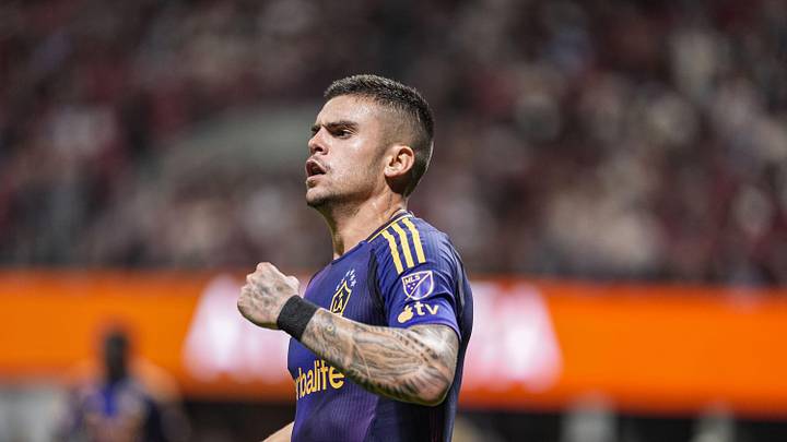 May 9, 2026; Atlanta, Georgia, USA; LA Galaxy midfielder Gabriel Pec (11) reacts after scoring his second goal of the match against Atlanta United during the second half at Mercedes-Benz Stadium. Mandatory Credit: Dale Zanine-Imagn Images
