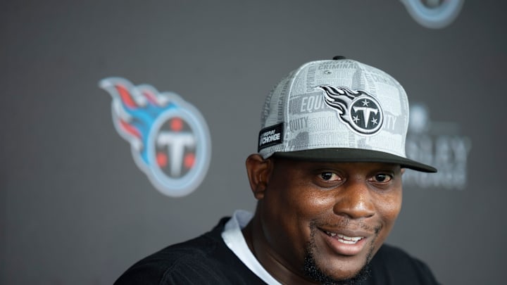 Tennessee Titans Defensive Coordinator Dennard Wilson fields questions during mandatory mini-camp at Ascension Saint Thomas Sports Park in Nashville, Tenn., Wednesday, June 5, 2024.