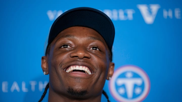 Tennessee Titans first round draft pick wide receiver Carnell Tate, 4th overall pick, stands for a portrait at Vanderbilt Health Football Center Friday, April 24, 2026. Tennessee Titans first round draft pick wide receiver Carnell Tate, 4th overall pick, stands for a portrait at Vanderbilt Health Football Center Friday, April 24, 2026.