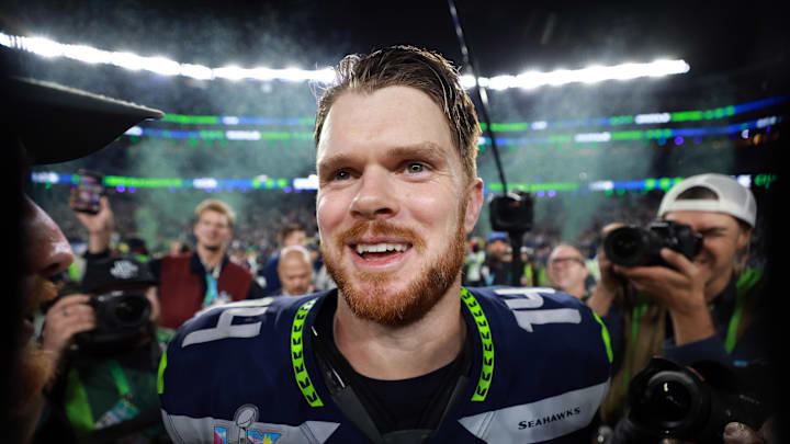 Seattle Seahawks quarterback Sam Darnold celebrates