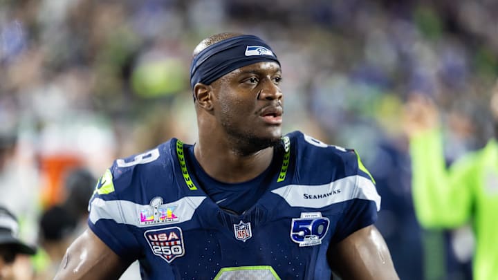 Feb 8, 2026; Santa Clara, CA, USA; Seattle Seahawks running back Kenneth Walker III (9) against the New England Patriots during Super Bowl LX at Levi's Stadium. Mandatory Credit: Mark J. Rebilas-Imagn Images