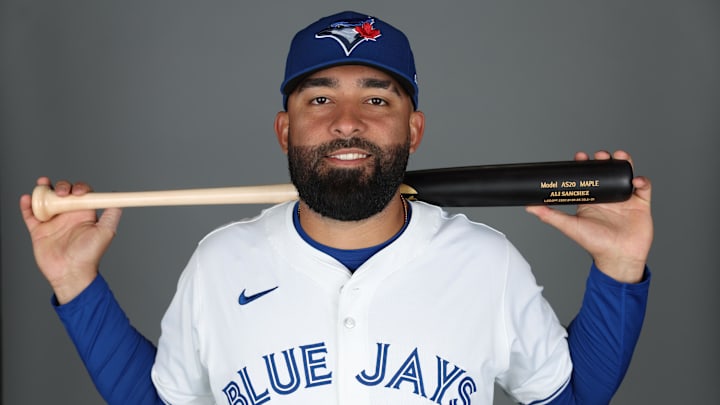 Feb 21, 2025; Dunedin, FL, USA; Toronto Blue Jays catcher Ali Sanchez (75) participates in media day at the Blue Jays Player Development Complex. Mandatory Credit: Nathan Ray Seebeck-Imagn Images