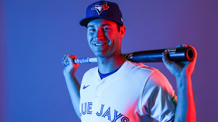 Feb 21, 2025; Dunedin, FL, USA; Toronto Blue Jays outfielder RJ Schreck (89) participates in media day at the Blue Jays Player Development Complex. Mandatory Credit: Nathan Ray Seebeck-Imagn Images
