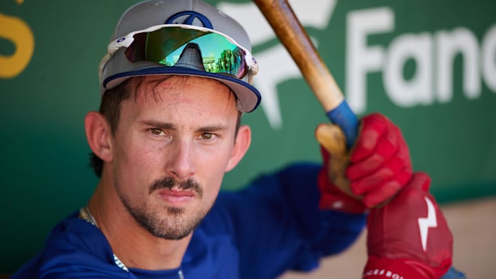 Aug 3, 2024; Oakland, California, USA; Los Angeles Dodgers infielder Cavan Biggio (6) holds a bat in the dugout before a game against the Oakland Athletics at Oakland-Alameda County Coliseum. Mandatory Credit: Robert Edwards-Imagn Images Aug 3, 2024; Oakland, California, USA; Los Angeles Dodgers infielder Cavan Biggio (6) holds a bat in the dugout before a game against the Oakland Athletics at Oakland-Alameda County Coliseum. Mandatory Credit: Robert Edwards-Imagn Images