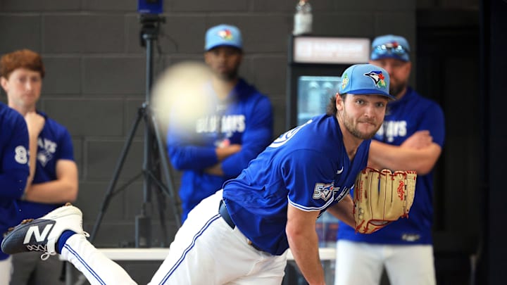 Feb 11, 2026; Dunedin, FL, USA;  Toronto Blue Jays pitcher Trey Yesavage (39) throws a bullpen session for spring training practice at Blue Jays Player Development Complex. Mandatory Credit: Kim Klement Neitzel-Imagn Images