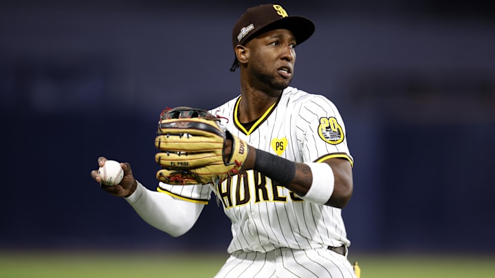 Oct 8, 2024; San Diego, California, USA; San Diego Padres outfielder Jurickson Profar (10) in the second inning against the Los Angeles Dodgers during game three of the NLDS for the 2024 MLB Playoffs at Petco Park. Mandatory Credit: David Frerker-Imagn Images