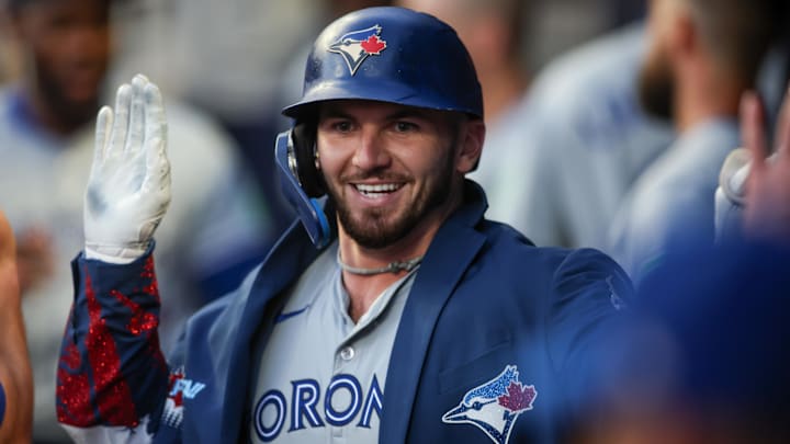 Sep 7, 2024; Atlanta, Georgia, USA; Toronto Blue Jays second baseman Spencer Horwitz (48) celebrates with teammates after a home run against the Atlanta Braves in the second inning at Truist Park. Mandatory Credit: Brett Davis-Imagn Images