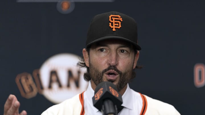 Oct 30, 2025; San Francisco, CA, USA; Tony Vitello answers questions from the media as he is introduced as the new manager of the San Francisco Giants at Oracle Park. Mandatory Credit: D. Ross Cameron-Imagn Images Oct 30, 2025; San Francisco, CA, USA; Tony Vitello answers questions from the media as he is introduced as the new manager of the San Francisco Giants at Oracle Park. Mandatory Credit: D. Ross Cameron-Imagn Images