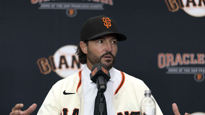 Oct 30, 2025; San Francisco, CA, USA;  Tony Vitello answers questions from the media as he is introduced as the new manager of the San Francisco Giants at Oracle Park. Mandatory Credit: D. Ross Cameron-Imagn Images