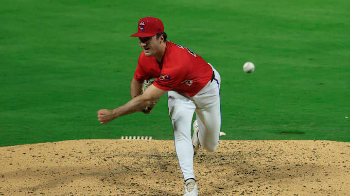Jacksonville Jumbo Shrimp pitcher Dale Stanavich (23) pitches during the sixth inning of Game 3 of an MiLB International League Championship Series at VyStar Ballpark Thursday, Sept. 25, 2025 in Jacksonville, Fla. The Jacksonville Jumbo Shrimp defeated the Scranton/Wilkes-Barre RailRiders 7-4 and took home the title in a best-of-three game series. [Corey Perrine/Florida Times-Union]