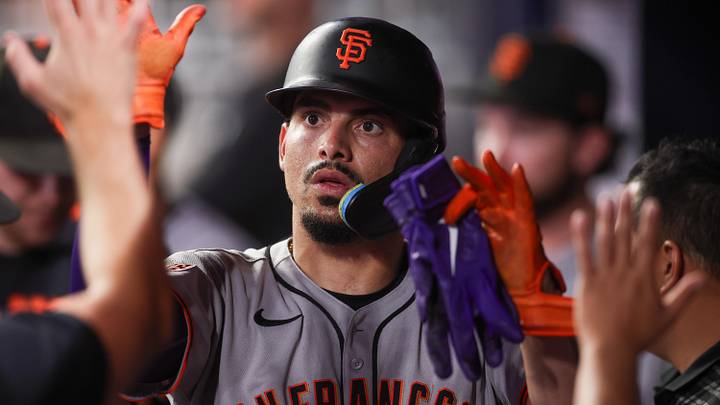 Jul 21, 2025; Atlanta, Georgia, USA; San Francisco Giants shortstop Willy Adames (2) celebrates with teammates after scoring a run against the Atlanta Braves in the ninth inning at Truist Park. Mandatory Credit: Brett Davis-Imagn Images Jul 21, 2025; Atlanta, Georgia, USA; San Francisco Giants shortstop Willy Adames (2) celebrates with teammates after scoring a run against the Atlanta Braves in the ninth inning at Truist Park. Mandatory Credit: Brett Davis-Imagn Images