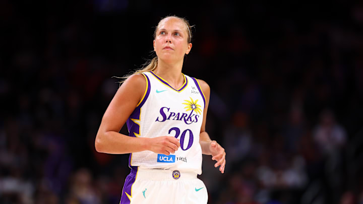 Sep 9, 2025; Phoenix, Arizona, USA; Los Angeles Sparks guard Julie Allemand (20) against the Phoenix Mercury during a WNBA game at PHX Arena. Mandatory Credit: Mark J. Rebilas-Imagn Images