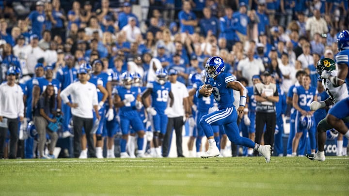Sep 10, 2022; Provo, Utah, USA; Brigham Young Cougars quarterback Jaren Hall (3) runs the ball