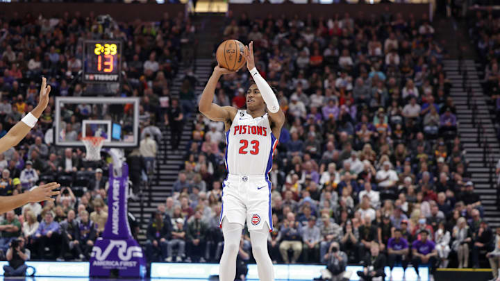 Nov 23, 2022; Salt Lake City, Utah, USA;  Detroit Pistons guard Jaden Ivey (23) shoots an open jump