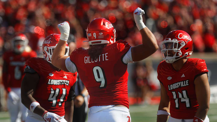 Louisville's Ashton Gillotte celebrates getting a sack against Boston College Saturday afternoon in L & N Stadium.Sept. 23, 2023