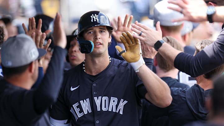 Mar 4, 2025; Clearwater, Florida, USA; New York Yankees outfielder Spencer Jones (78) celebrates after hitting a three-run home run against the Philadelphia Phillies in the third inning during spring training at BayCare Ballpark. Mandatory Credit: Nathan Ray Seebeck-Imagn Images