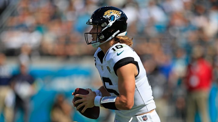 Jacksonville Jaguars quarterback Trevor Lawrence (16) looks to pass during the fourth quarter of an