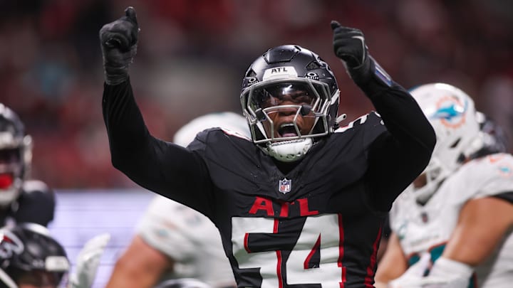Oct 26, 2025; Atlanta, Georgia, USA; Atlanta Falcons defensive tackle Brandon Dorlus (54) reacts after a tackle against the Miami Dolphins in the third quarter at Mercedes-Benz Stadium. Mandatory Credit: Brett Davis-Imagn Images
