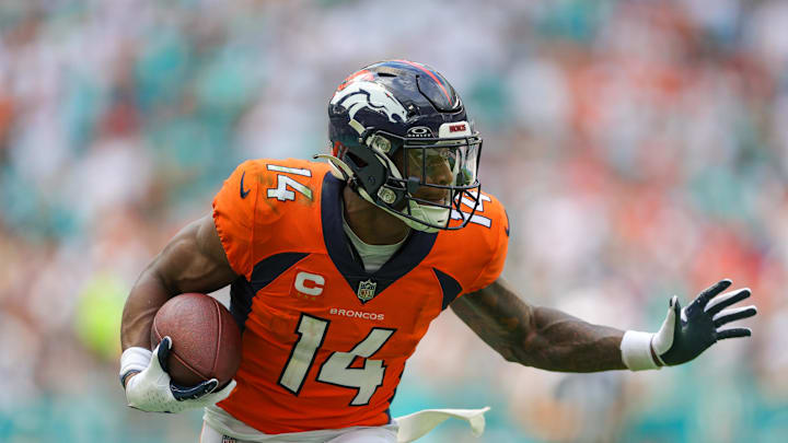 Sep 24, 2023; Miami Gardens, Florida, USA;  Denver Broncos wide receiver Courtland Sutton (14) runs