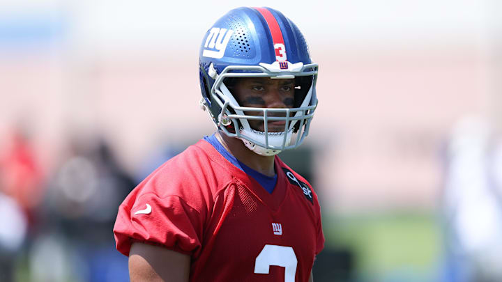 Jul 24, 2025; East Rutherford, NJ, USA; New York Giants quarterback Russell Wilson (3) on the field during training camp at Quest Diagnostics Training Center. Mandatory Credit: Vincent Carchietta-Imagn Images