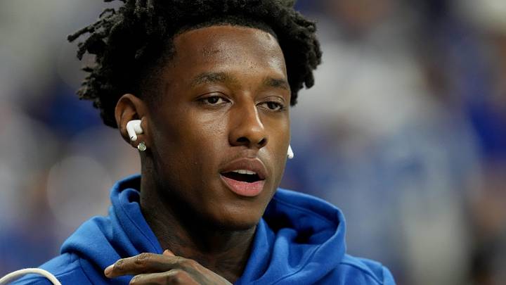 Indianapolis Colts cornerback Sauce Gardner makes his way onto the field