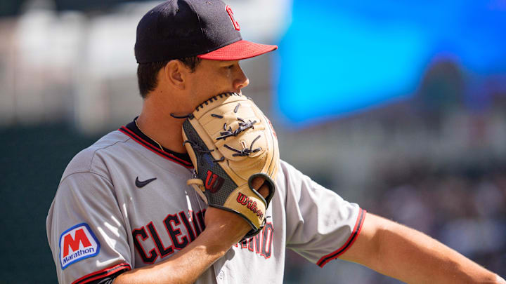 Sep 21, 2025; Minneapolis, Minnesota, USA; Cleveland Guardians starting pitcher Joey Cantillo (54) talks with teammates after the first inning against the Minnesota Twins at Target Field. 