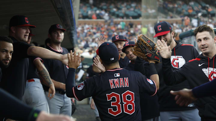 Sep 17, 2025; Detroit, Michigan, USA; Cleveland Guardians left fielder Steven Kwan (38) celebrates with teammates after the second inning at Comerica Park. Mandatory Credit: Brian Bradshaw Sevald-Imagn Images