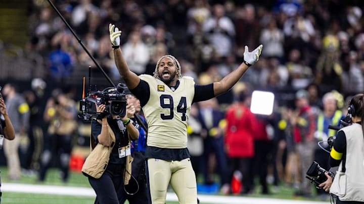 Dec 21, 2025; New Orleans, Louisiana, USA;  New Orleans Saints defensive end Cameron Jordan (94) during the run outs before the game against the New York Jets at Caesars Superdome. Mandatory Credit: Stephen Lew-Imagn Images