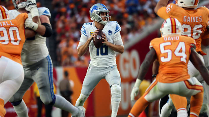 Oct 15, 2023; Tampa, Florida, USA; Detroit Lions quarterback Jared Goff (16) throws the ball against