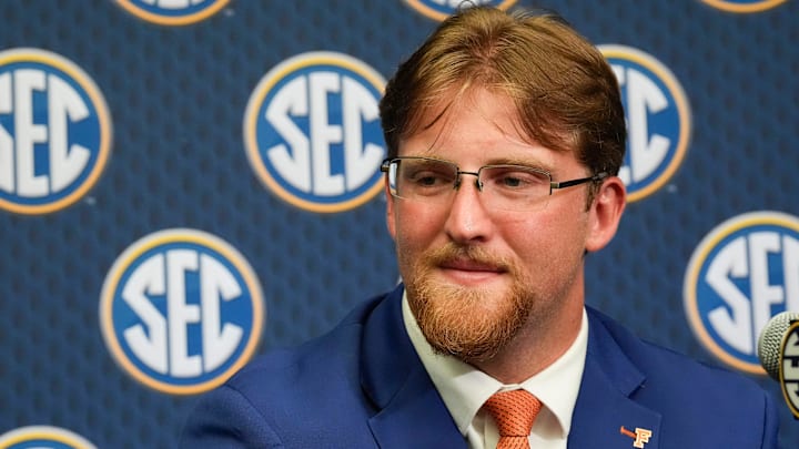 July 16, 2025; Atlanta, GA, USA; Florida offensive lineman Jake Slaughter answers reporters’ questions during SEC Media Days at the College Football Hall of Fame in Atlanta.