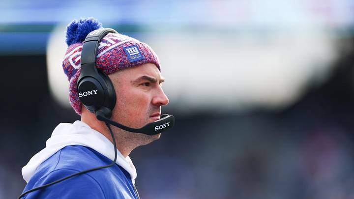 Jan 4, 2026; East Rutherford, New Jersey, USA; New York Giants head coach Mike Kafka looks on during the second quarter against the Dallas Cowboys at MetLife Stadium. Mandatory Credit: Vincent Carchietta-Imagn Images