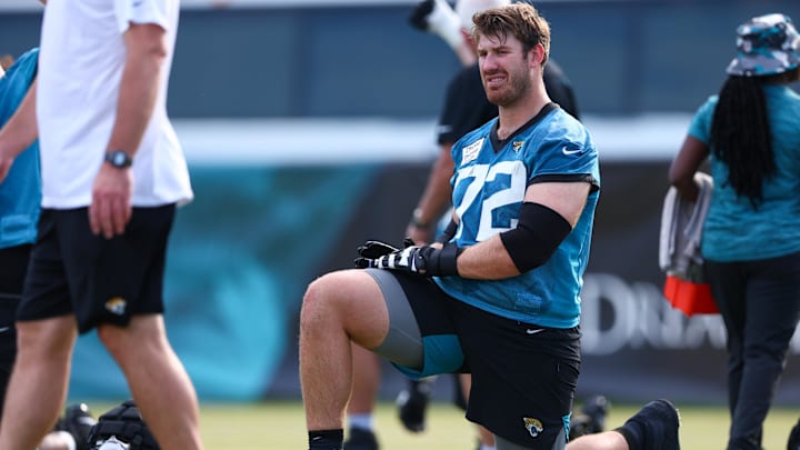 Jul 26, 2022; Jacksonville, FL, USA;  Jacksonville Jaguars offensive lineman Walker Little (72).