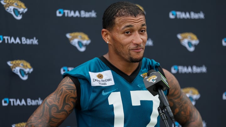Jul 27, 2023; Jacksonville, FL, USA;  Jacksonville Jaguars tight end Evan Engram (17) speaks.