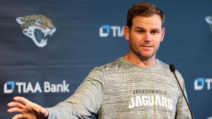 Jul 27, 2023; Jacksonville, FL, USA;  Jacksonville Jaguars offensive coordinator Press Taylor gives a press conference prior to the start of training camp at Miller Electric Performance Center. Mandatory Credit: Nathan Ray Seebeck-USA TODAY Sports
