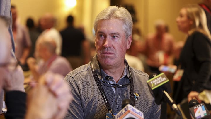 Mar 25, 2024; Orlando, FL, USA;  Jacksonville Jaguars head coach Doug Pederson talks to media during the NFL annual league meetings at the JW Marriott. 
