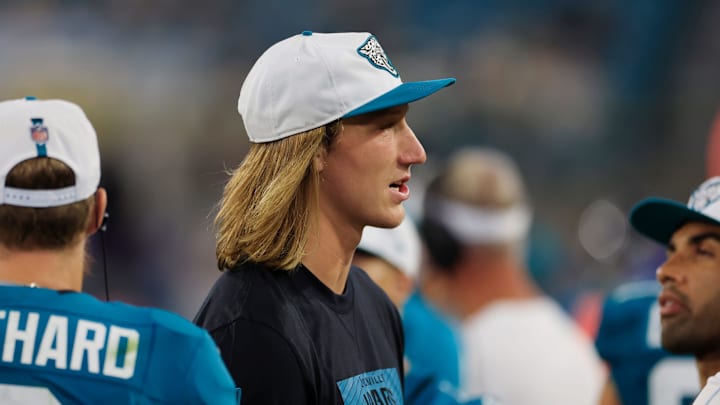 Jacksonville Jaguars quarterback Trevor Lawrence (16) talks with wide receiver Christian Kirk (13) during the fourth quarter of a preseason NFL football game Saturday, Aug. 17, 2024 at EverBank Stadium in Jacksonville, Fla. The Jacksonville Jaguars defeated the Tampa Bay Buccaneers 20-7. 