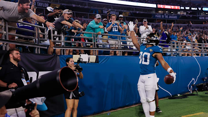 Jacksonville Jaguars wide receiver Brevin Easton (80) blows a kiss to the crowd during the fourth quarter of a NFL football game Saturday, Aug. 17, 2024 at EverBank Stadium in Jacksonville, Fla. 
