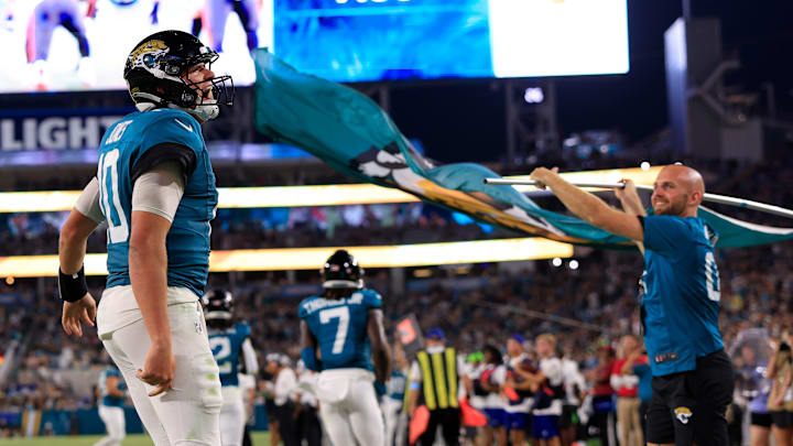 Jacksonville Jaguars quarterback Mac Jones (10) reacts to throwing a touchdown during the second quarter of a preseason NFL football game Saturday, Aug. 17, 2024 at EverBank Stadium in Jacksonville, Fla. The Jacksonville Jaguars defeated the Tampa Bay Buccaneers 20-7. 