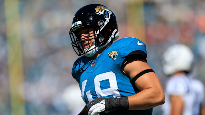 Jacksonville Jaguars linebacker Chad Muma (48) runs off the field during the second quarter of an NFL football matchup Sunday, Oct. 15, 2023 at EverBank Stadium in Jacksonville, Fla. The Jacksonville Jaguars defeated the Indianapolis Colts 37-20. [Corey Perrine/Florida Times-Union]