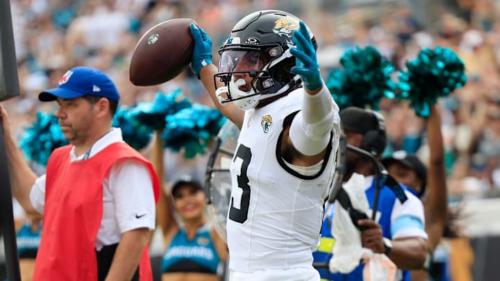 Jacksonville Jaguars wide receiver Christian Kirk (13) reacts to what he thought is a touchdown but ruled an incomplete pass during the fourth quarter of an NFL football matchup Sunday, Sept. 15, 2024 at EverBank Stadium in Jacksonville, Fla. The Browns defeated the Jaguars 18-13. 
