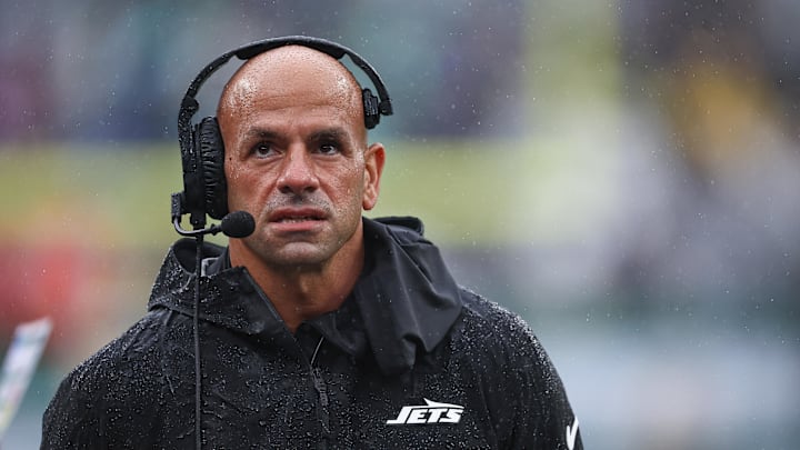 Sep 29, 2024; East Rutherford, New Jersey, USA;  New York Jets head coach Robert Saleh looks on during the first half against the Denver Broncos at MetLife Stadium. 