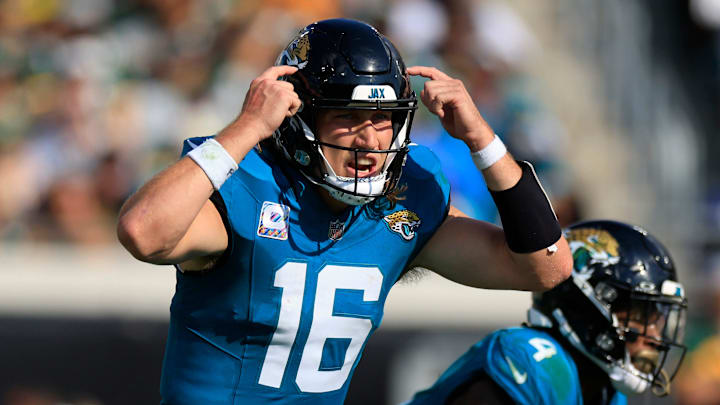 Jacksonville Jaguars quarterback Trevor Lawrence (16) calls a play during the fourth quarter of an NFL football matchup Sunday, Oct. 27, 2024 at EverBank Stadium in Jacksonville, Fla. The Packers edged the Jaguars 30-27 on a last-second field goal. 