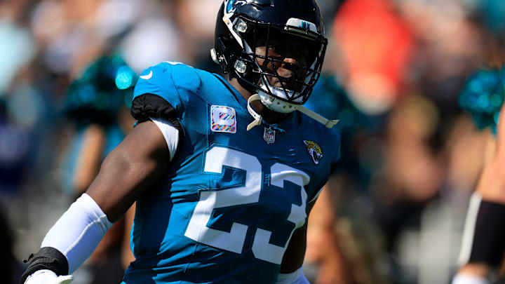 Jacksonville Jaguars linebacker Foyesade Oluokun (23) is introduced before an NFL football matchup Sunday, Oct. 27, 2024 at EverBank Stadium in Jacksonville, Fla. The Packers edged the Jaguars 30-27 on a last-second field goal. 