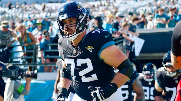 Jacksonville Jaguars offensive tackle Walker Little (72) runs on the field before an NFL football matchup Sunday, Nov. 19, 2023 at EverBank Stadium in Jacksonville, Fla. The Jacksonville Jaguars defeated the Tennessee Titans 34-14. 