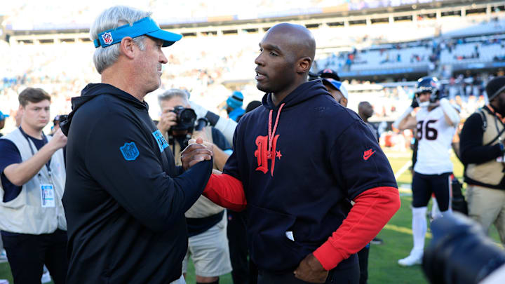 Jacksonville Jaguars head coach Doug Pederson, left, shakes hands with Houston Texans head coach DeMeco Ryans after the game of an NFL football matchup Sunday, Dec. 1, 2024 at EverBank Stadium in Jacksonville, Fla. The Texans held off the Jaguars 23-20. 